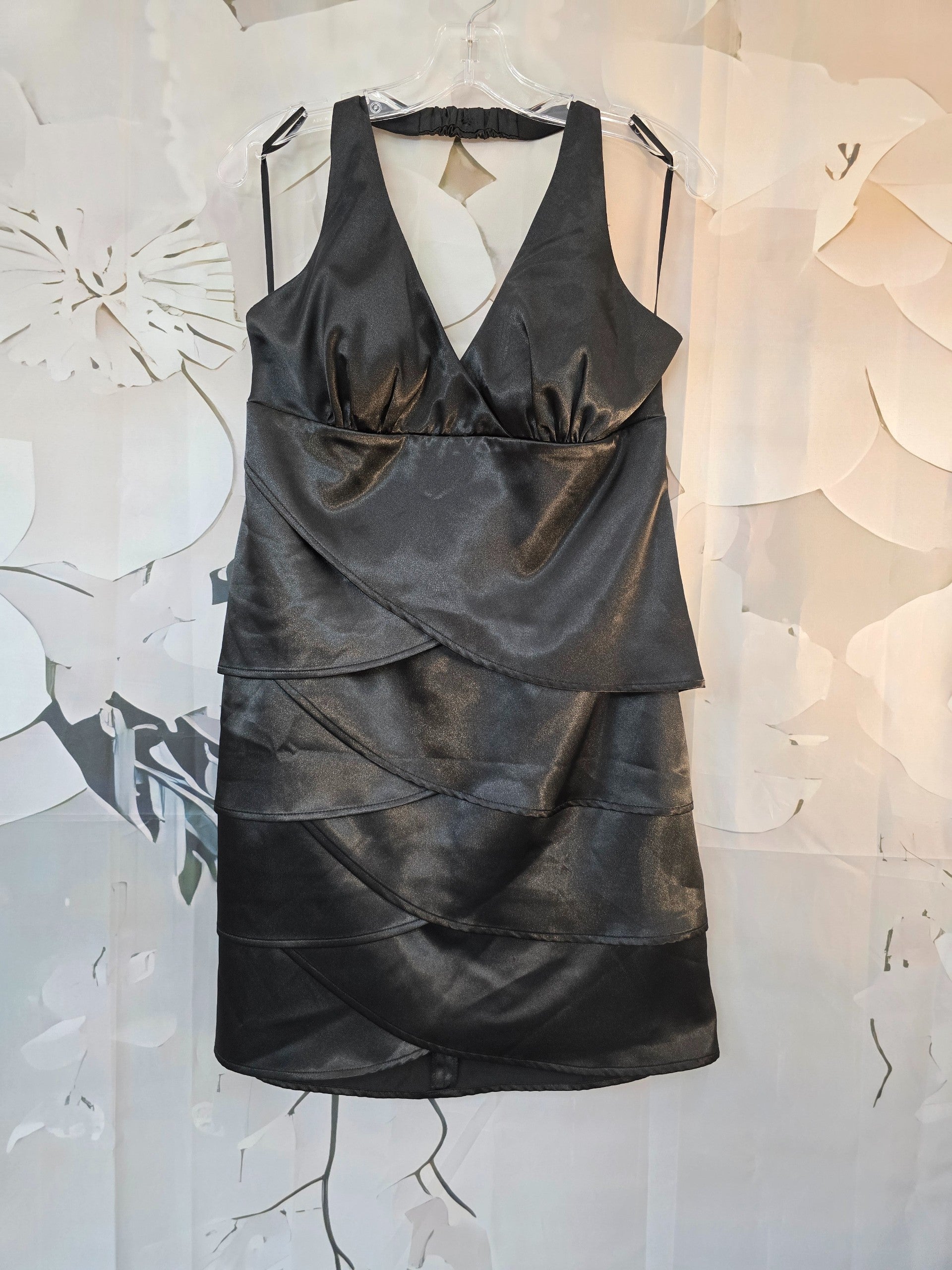 bcx black dress 13, Little Satin Tiered Halter Mini Dress Black And Cream Abstract Day Time Dresses Long Sleeve Color:Periwinkle/Silver