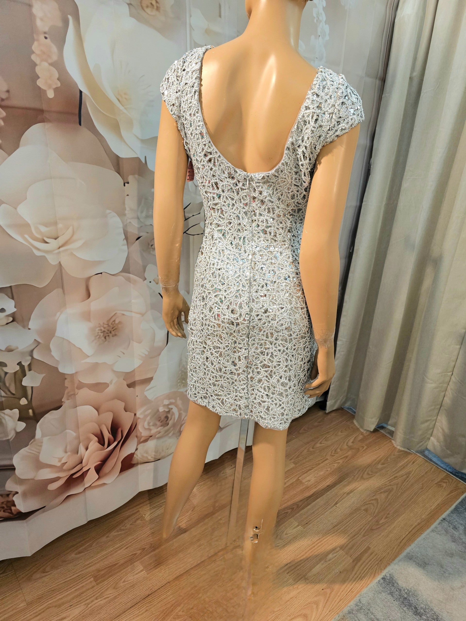 adrianna papell sequin lace dress Adrianna Papell High Neck Sequin Lace Fitted Wedding Dress 12