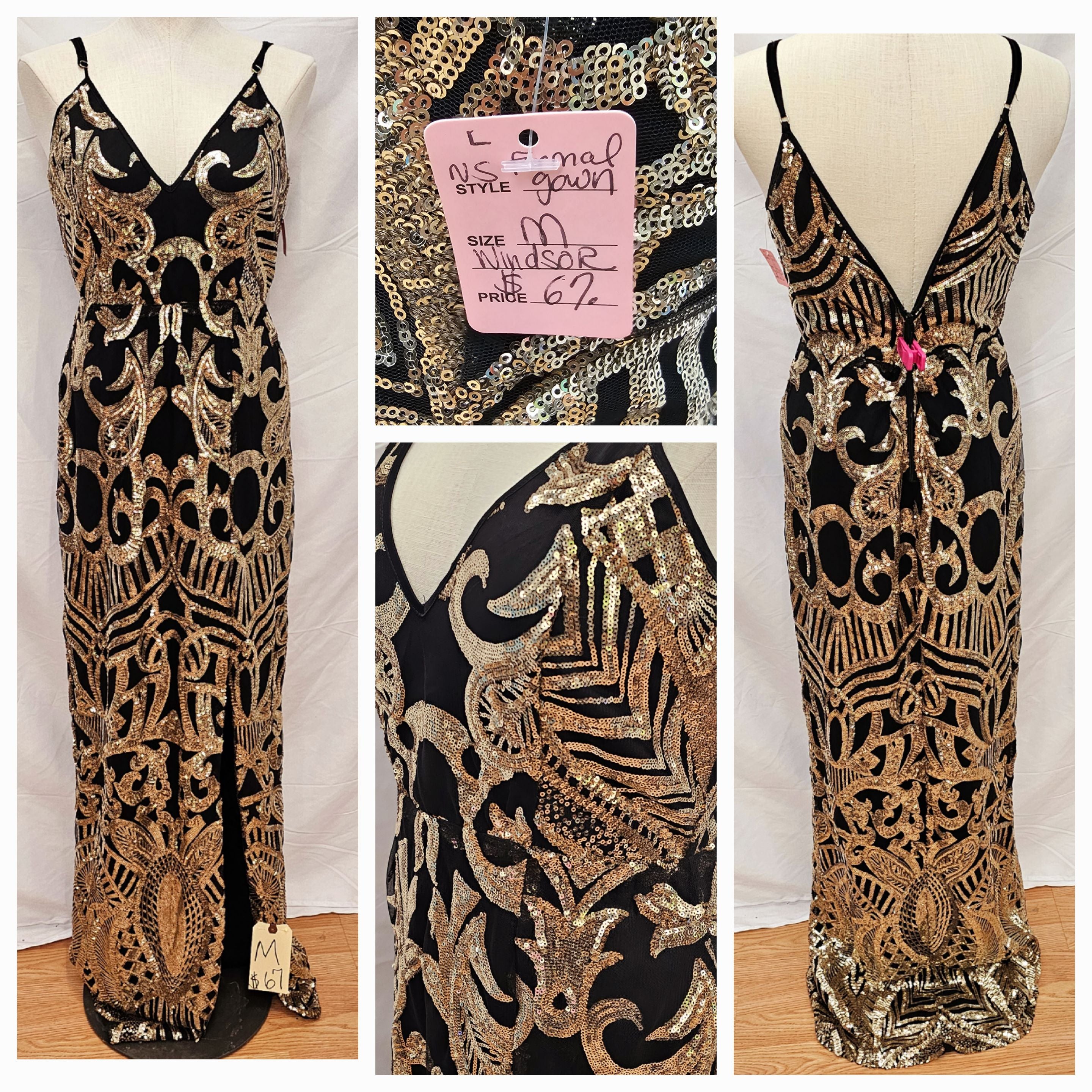 Medium formal/prom gown black stretch with gold sequin design | Rad Rags